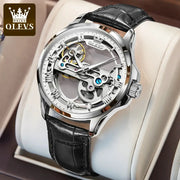 OLEVS 6661 automatic skeleton men's watch with black leather strap and silver case