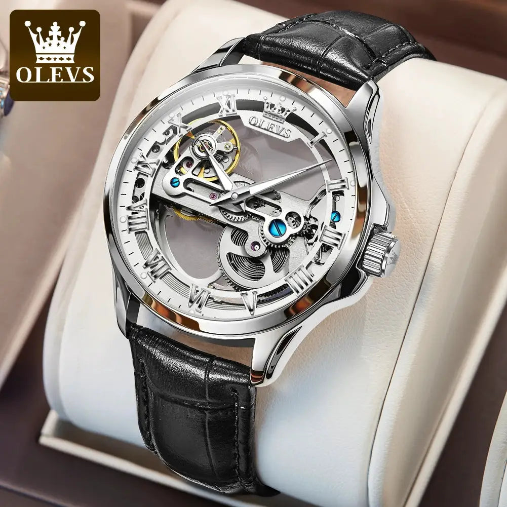 OLEVS 6661 automatic skeleton men's watch with black leather strap and silver case