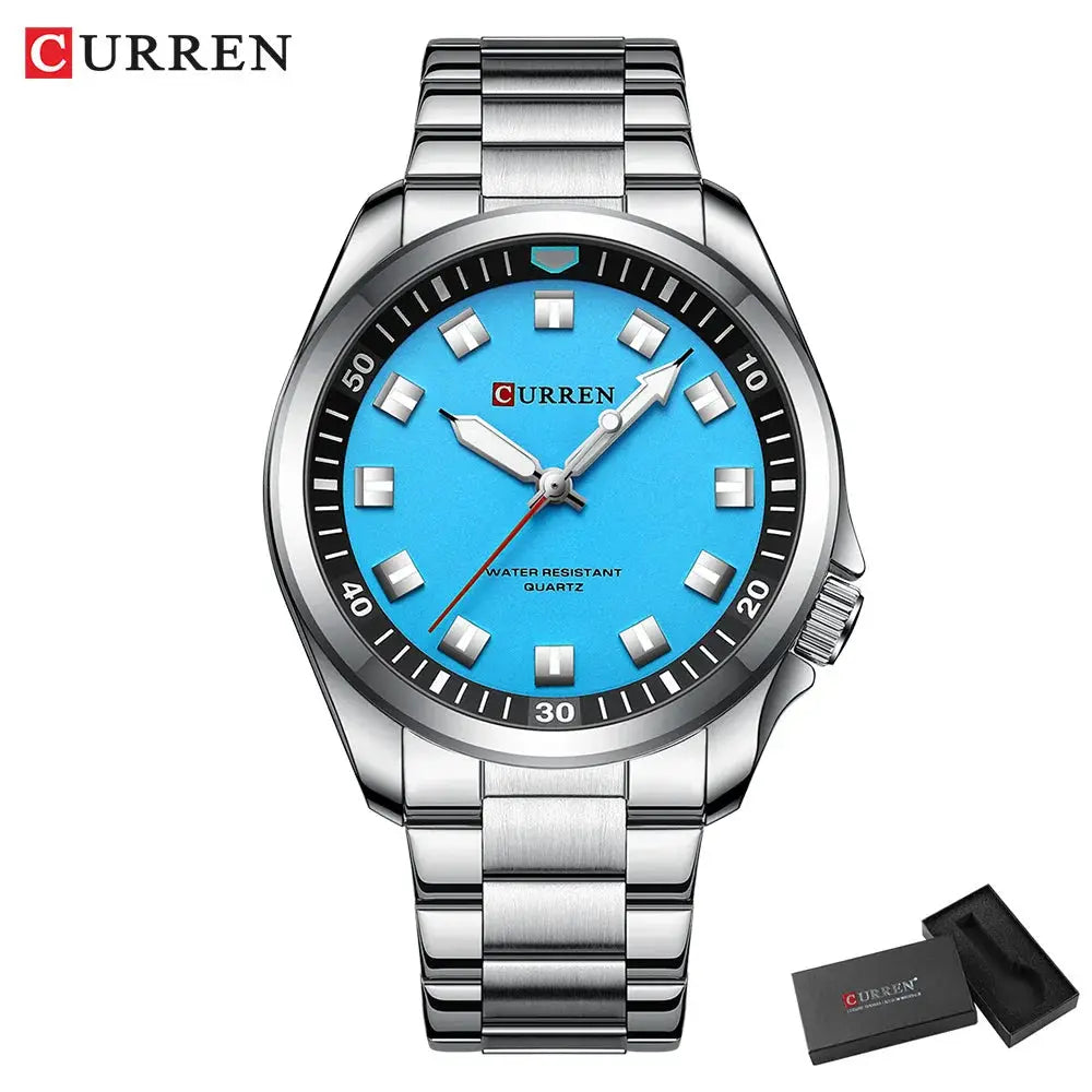 CURREN stainless steel men's watch with blue dial, silver bracelet, black bezel; includes presentation box