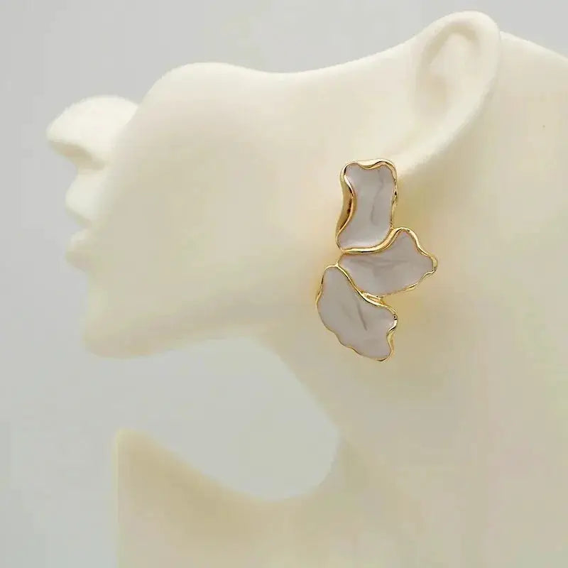 Pair of metal flower cream epoxy earrings, gold-plated irregular posts, statement jewelry