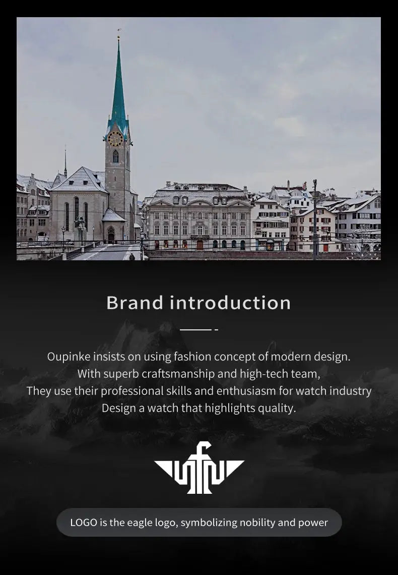 City skyline with church spire and historic buildings; brand introduction slide with eagle logo on dark gradient background