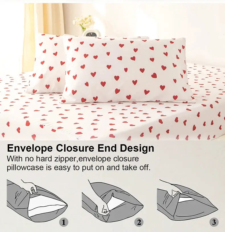 3pc heart-printed duvet cover set by Simples Market with 1 duvet cover and 2 pillowcases, white with red hearts.