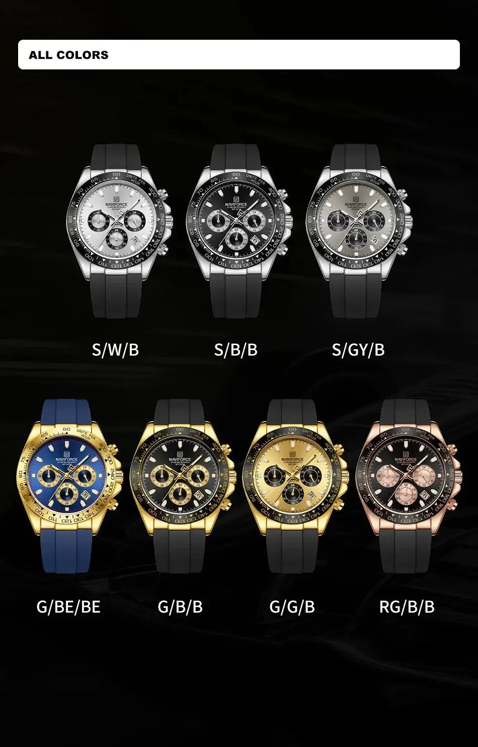 NAVIFORCE NF8054 men's silicone-band chronograph watches in seven colorways
