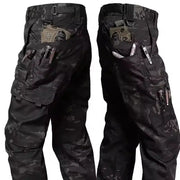 Simples Market men's multi-pocket camo cargo pants, waterproof straight-leg workwear with tool pockets; two pairs shown