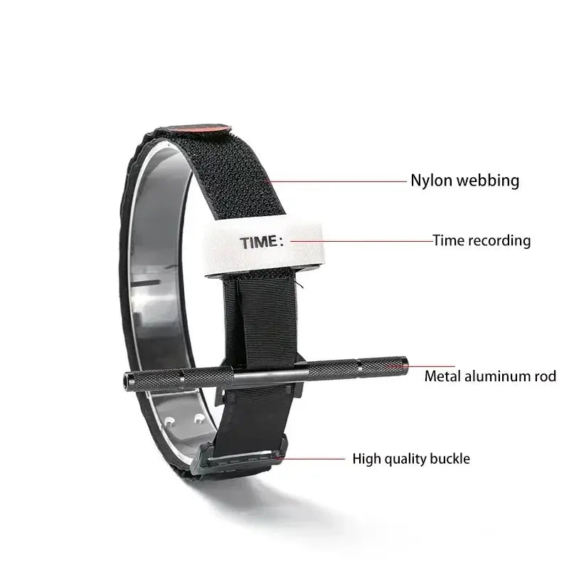 Simples Market tourniquet with nylon webbing, metal aluminum rod, time-recording tag and buckle