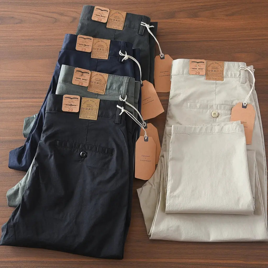 Simples Market men's casual chinos set of 6; 97% cotton slim straight trousers in navy, black, gray, olive, and beige.