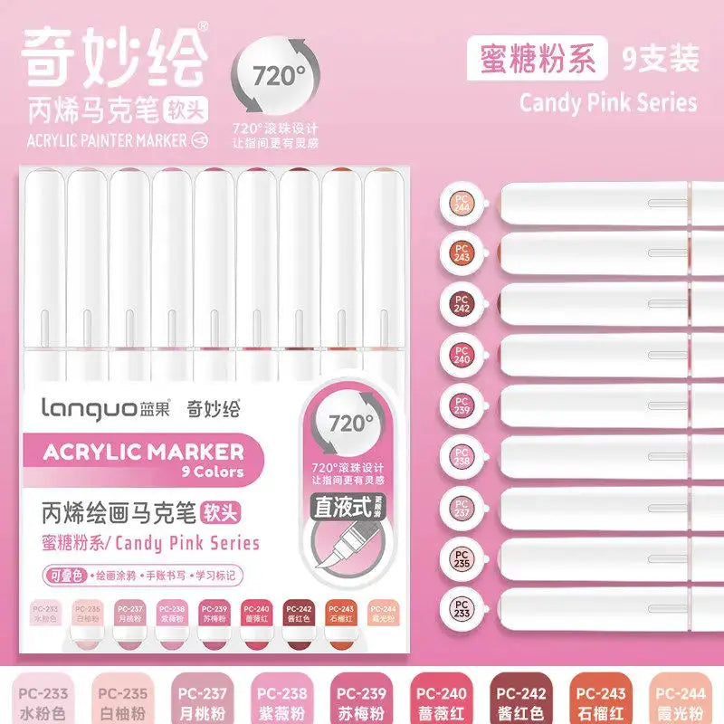 Simples Market 9-color acrylic marker pen set with soft brush tips, Candy Pink Series