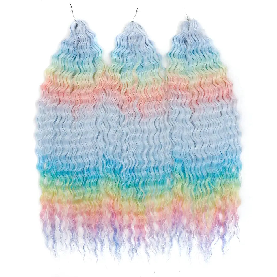Ariel Synthetic Twist Crochet Hair by Simples Market, 22in water-wave extensions in pastel rainbow ombre, 3 bundles