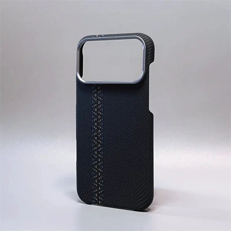 iPhone carbon fiber MagSafe case by Simples Market with abstract geometric pattern and silver camera cutout