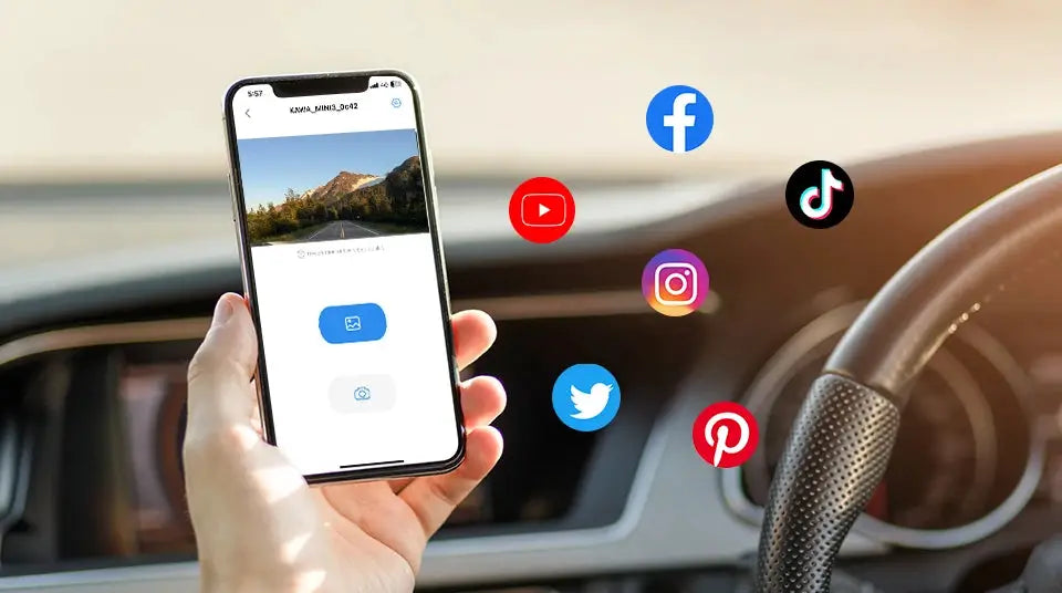 2K dash camera for cars by Simples Market with WiFi app control; person holds smartphone in car.