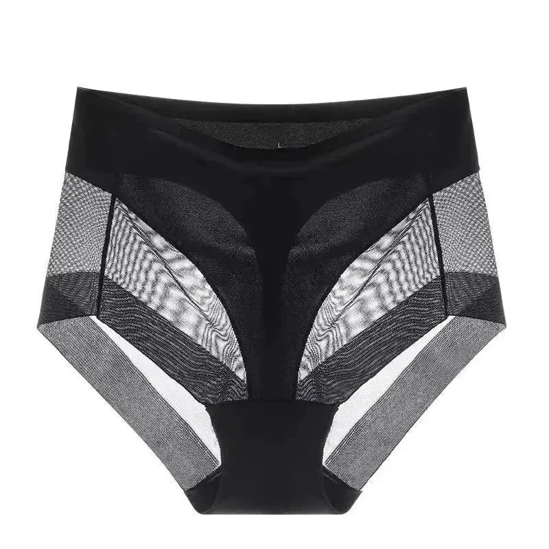 Womens high-waist shaping panty with mesh panels, black tummy-control underwear