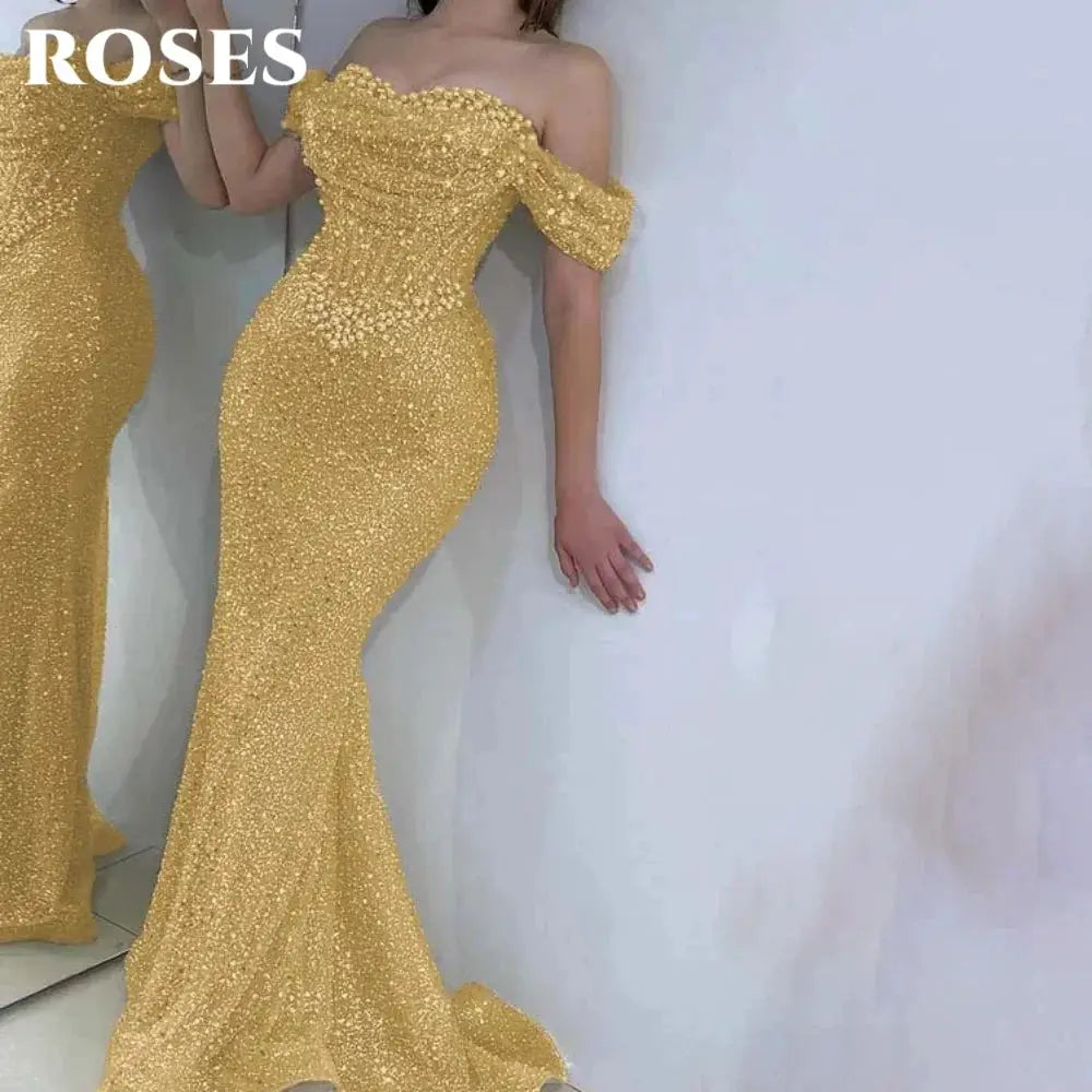 Roses Pearl Prom Dress Sweetheart Off Shoulder Gown With Sequins