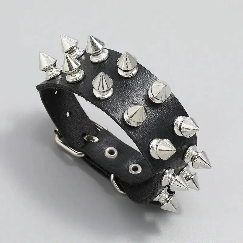 Unisex Black Leather Punk Bracelet With Metal Spike Studs Adjustable Goth Wristband Cuff Bangle
