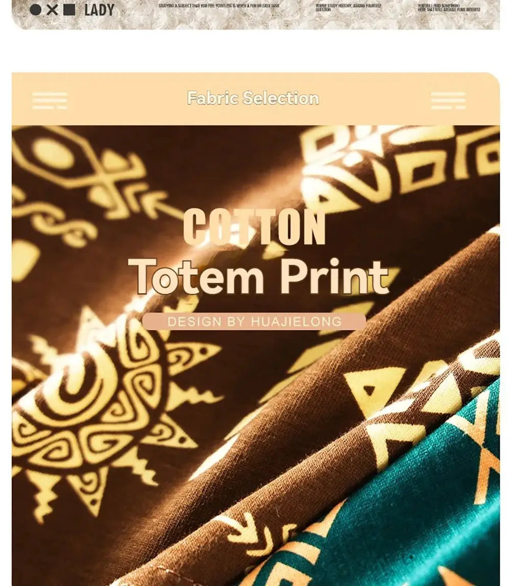 Cotton Totem Print fabric swatches in brown and teal with geometric patterns, design by Huajielong