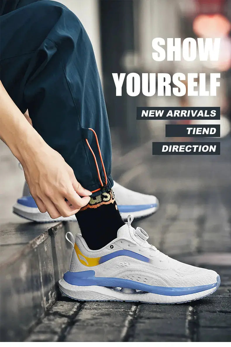 Men's white sneakers with blue accents and yellow side detailing