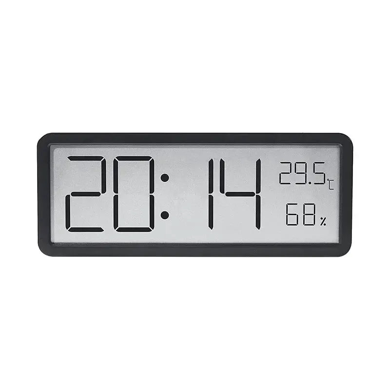 Simples Market LCD wall clock with black frame; large digital display shows time and 29.5°C with 68% humidity.