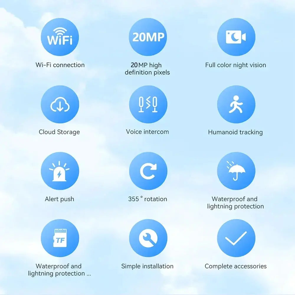 Simples Market outdoor WiFi security camera infographic showing 20MP, night vision, cloud storage, and voice intercom.