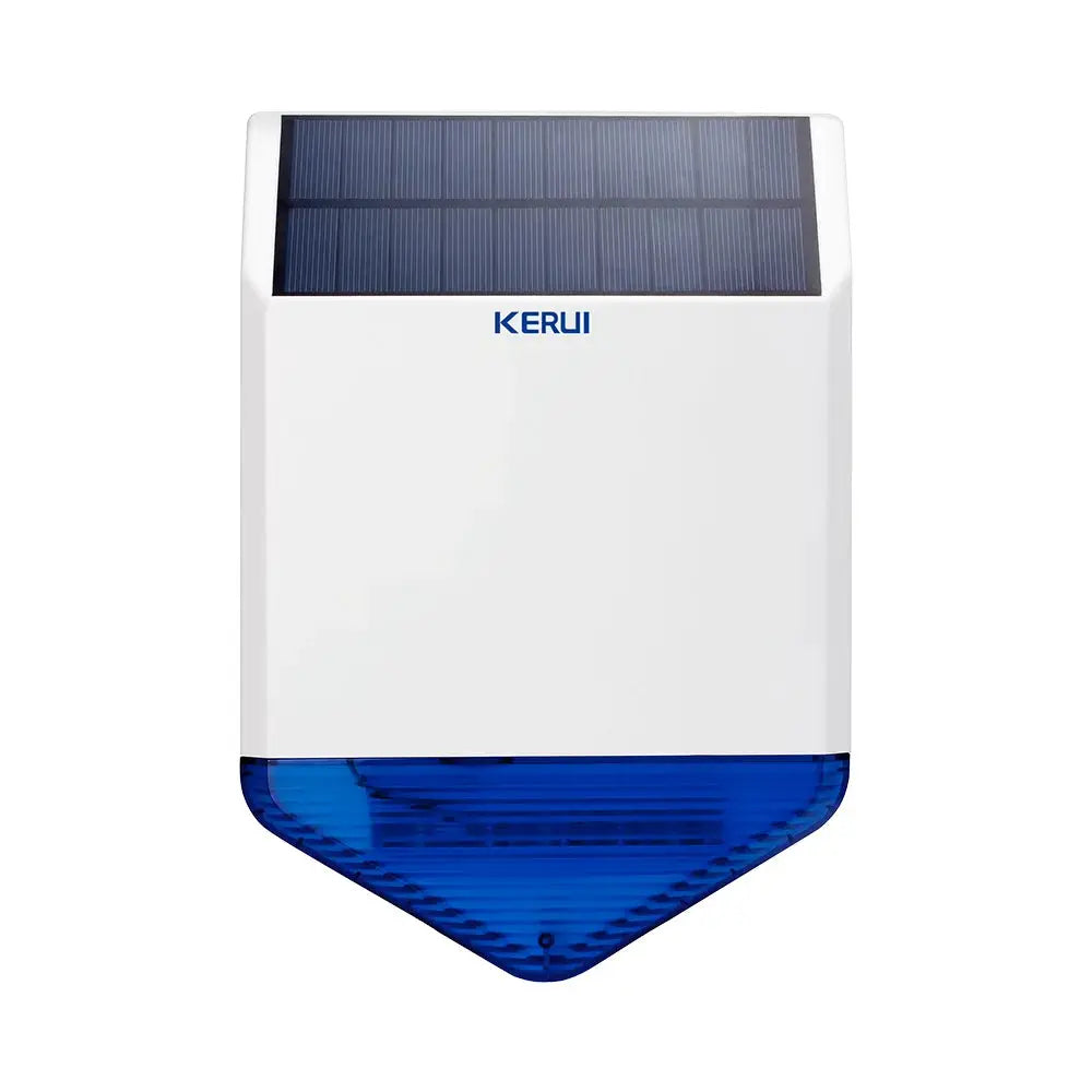 KERUI solar outdoor home alarm siren with blue beacon and solar panel on white housing