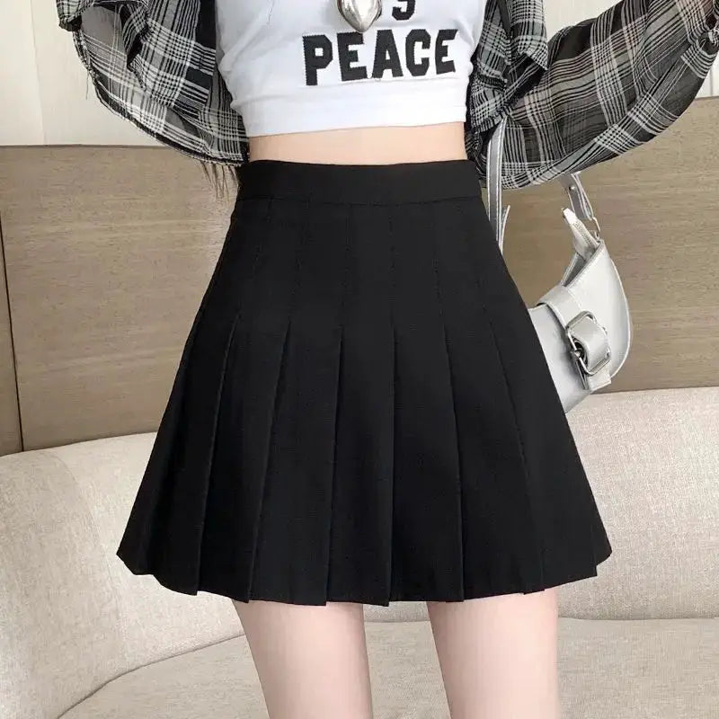Preppy Style Pleated Skirt High Waist A Line Mini Skirt For School Girl And Skater Looks Black Plus Size