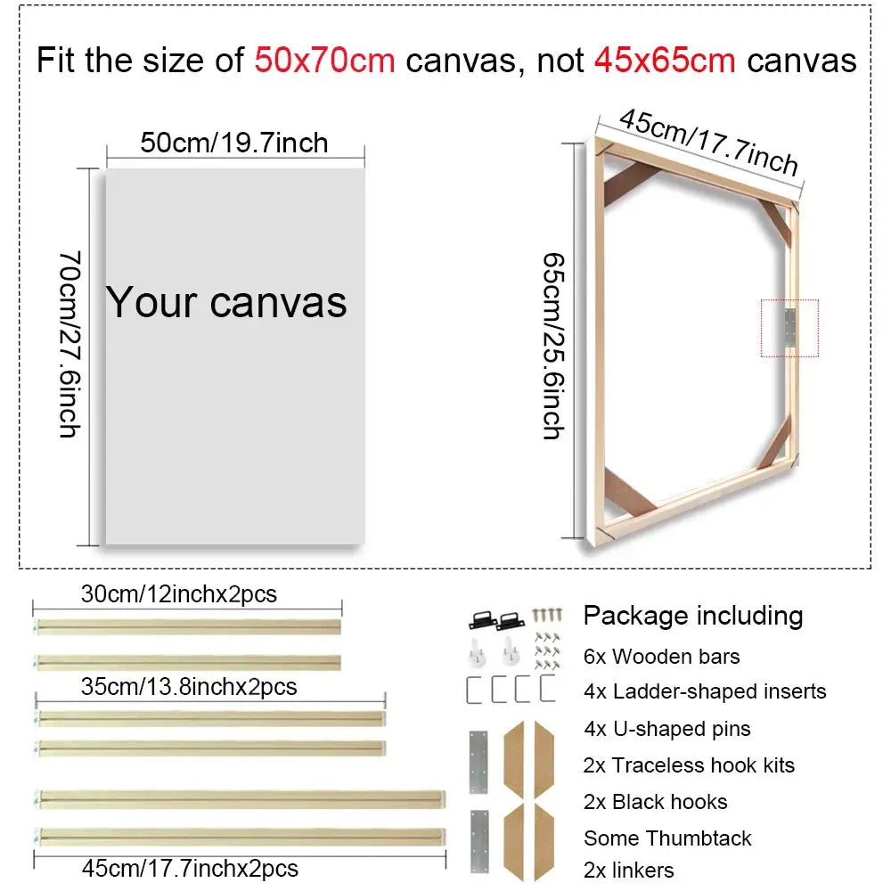 Simples Market natural wood canvas frame set for 50x70cm canvases, includes 6 wooden bars and mounting hardware.