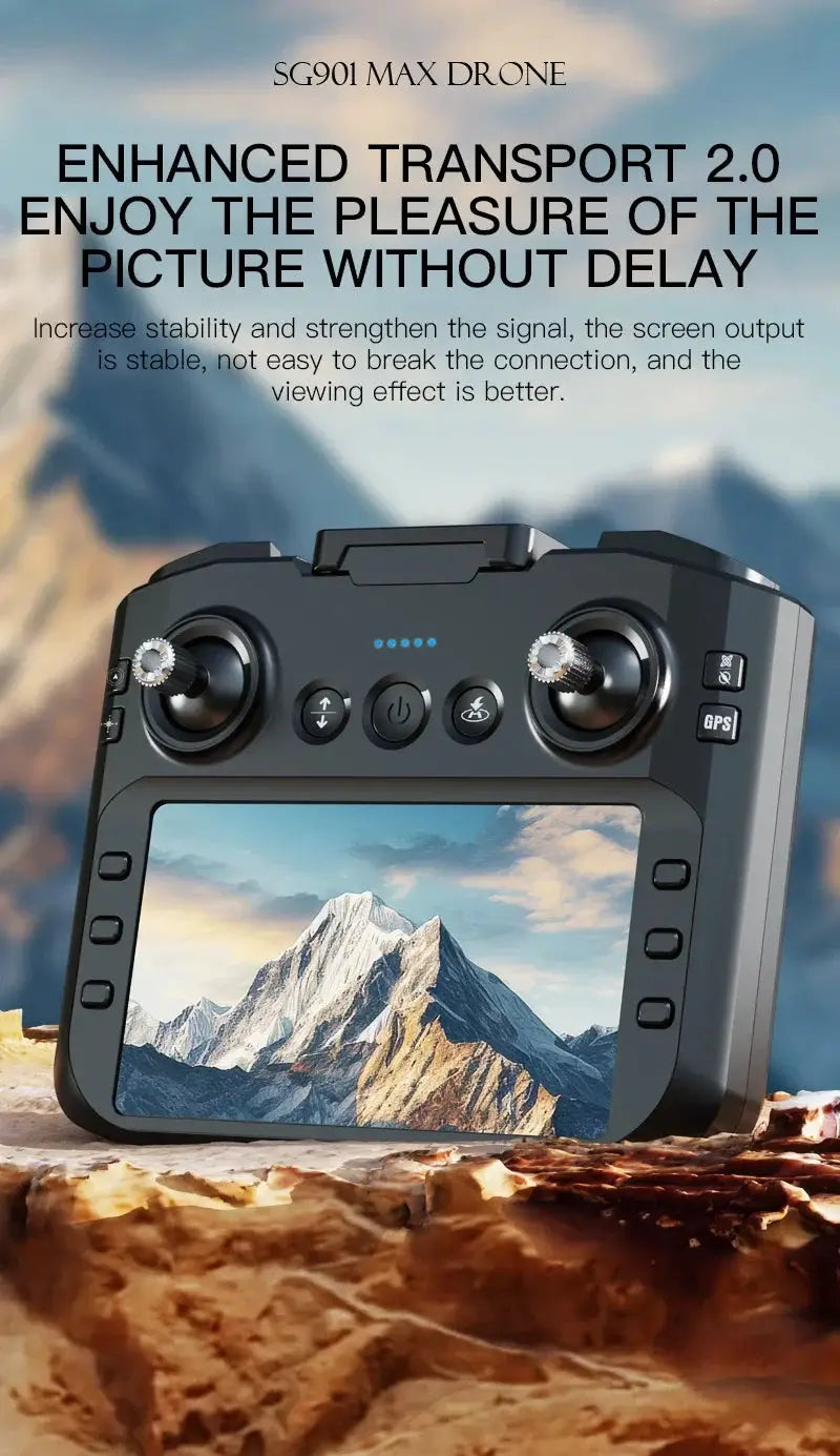 Drone remote controller with built-in screen displaying mountains; black handheld device with dual joysticks