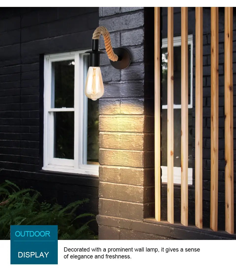 Retro hemp rope iron wall lamp with E27 Edison bulb, black finish for outdoor loft décor by Simples Market