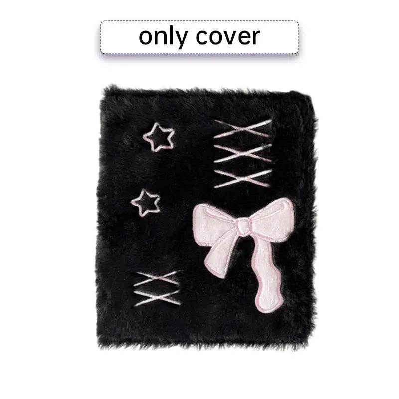 Bow Korea plush black A6 binder photocard holder featuring a pink bow and star accents on a soft furry cover