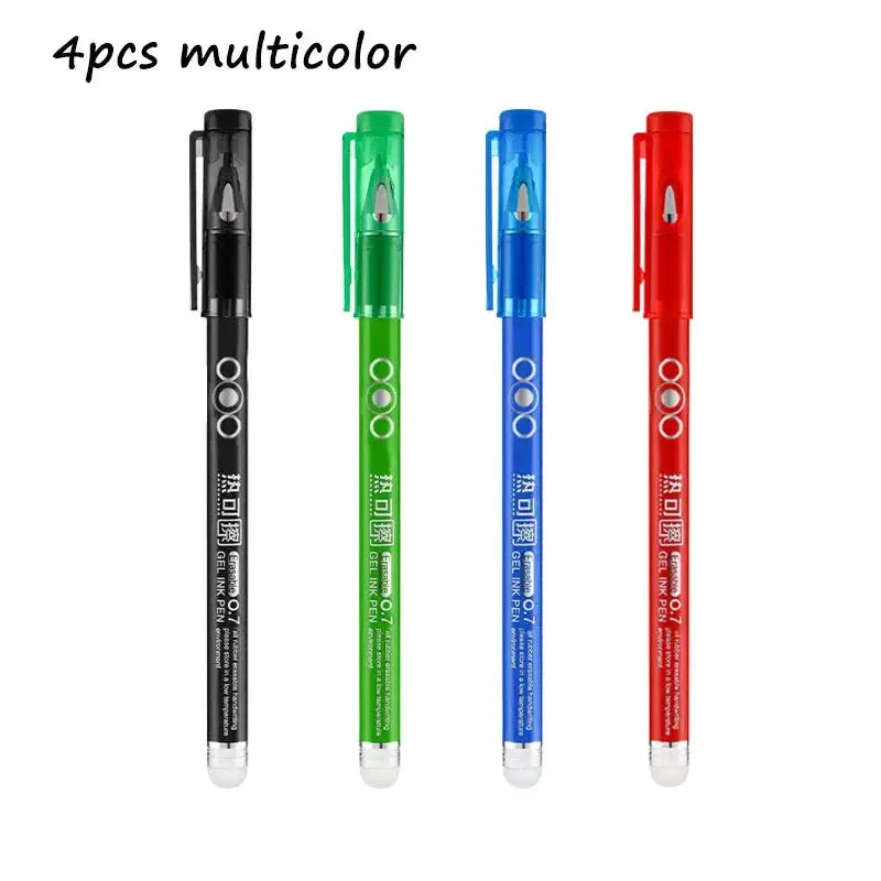 Simples Market 4-pack heat-erasable gel pens with 0.7mm bullet nib in black, green, blue, and red ink