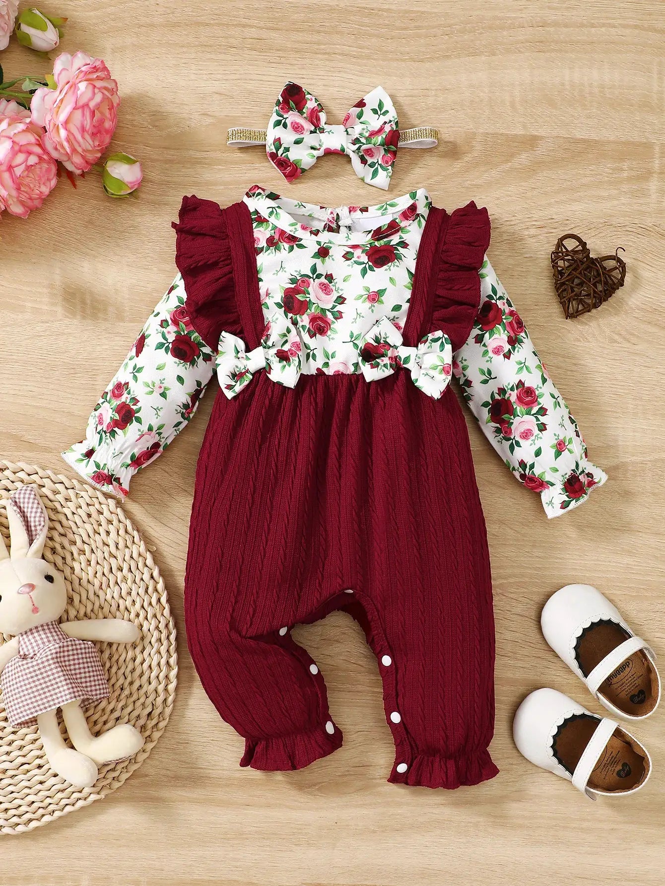 0-18 Months Floral Long Sleeve Baby Girl Romper With Bow Bodysuit And Headband Set For Spring And Autumn