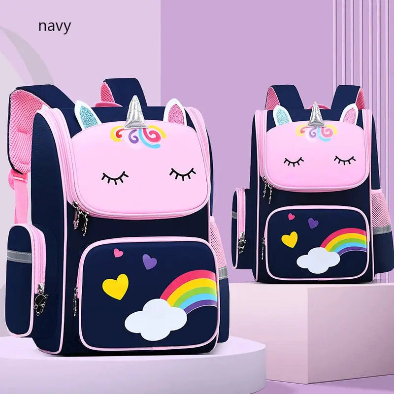 Unicorn backpacks set of 2, navy with pink accents, large-capacity waterproof kid school bags with rainbow cloud front pocket