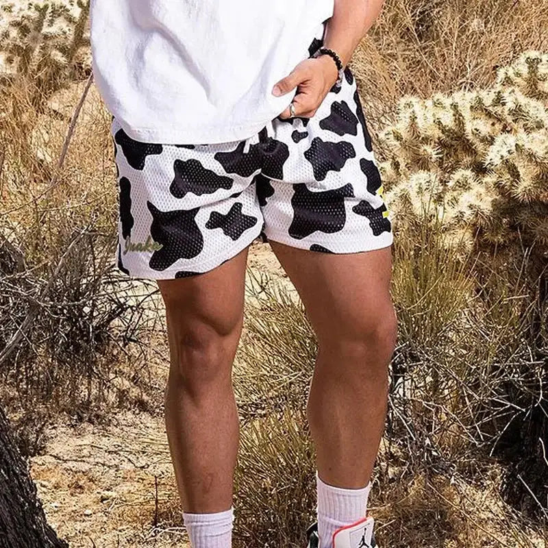 Men's athletic shorts in black-and-white camo mesh, quick-dry fabric, Simples Market