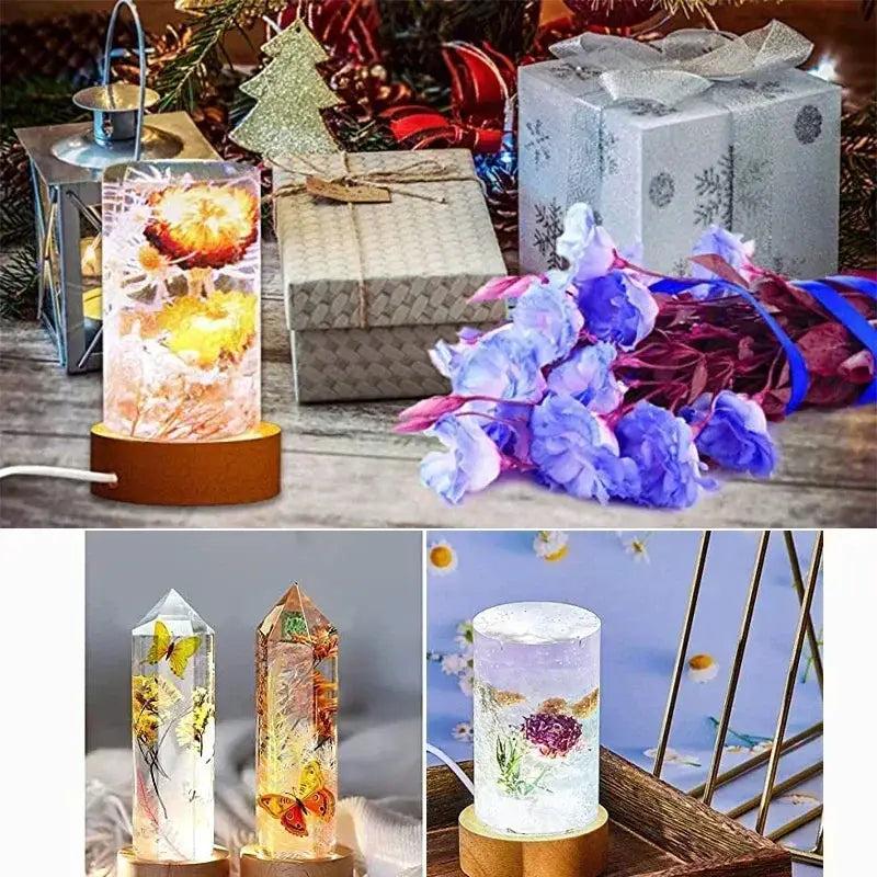 Round wooden LED night light bases with 3D crystal displays; 4-piece set includes floral cylinder and tall prisms.
