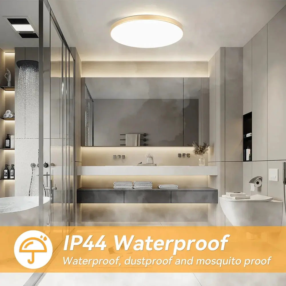Golden round LED ceiling lamp, ultra-thin panel, 220V IP44 waterproof bathroom light