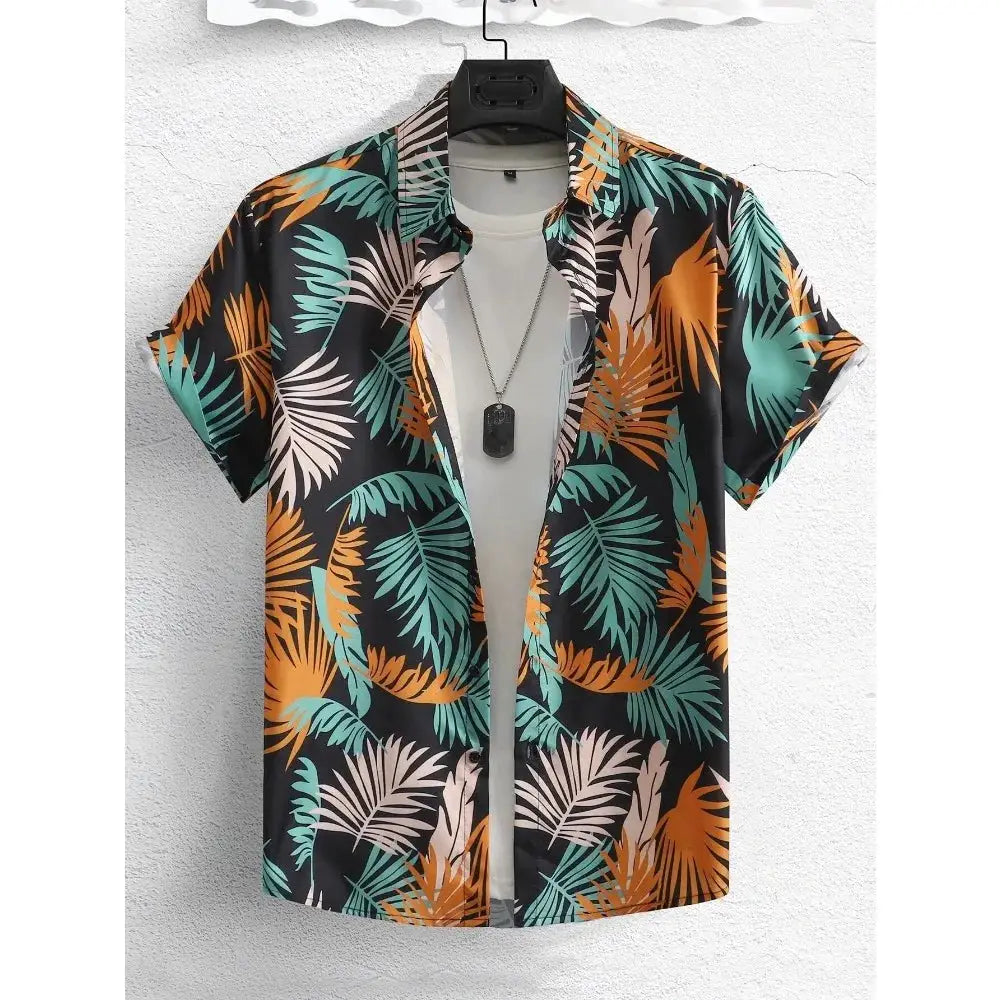 Hawaiian shirt with tropical teal, orange, peach leaves on black; short-sleeve, displayed on a hanger over a white tee.
