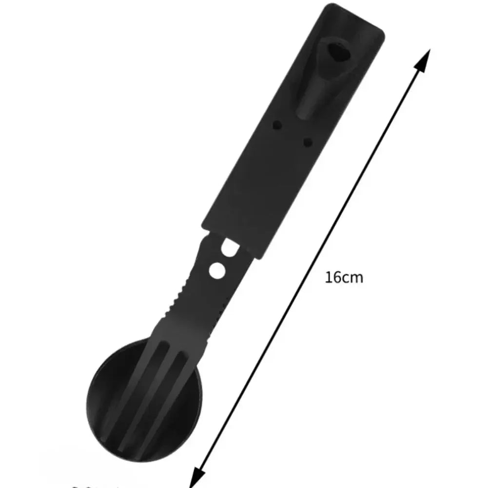 Portable multifunctional stainless steel camping utensil set by Simples Market with spoon and fork, black handle