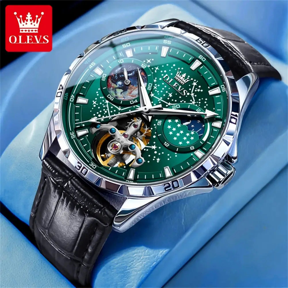 OLEVS Flywheel skeleton automatic watch for men with green dial, visible gears, stainless steel case, black leather strap