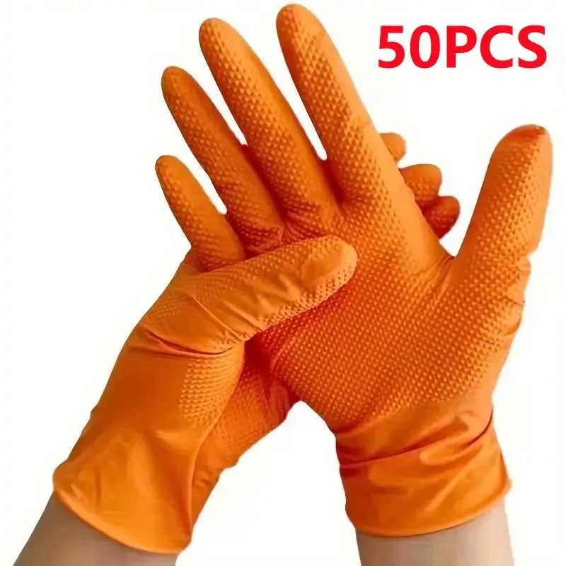 Heavy Duty Orange Industrial Nitrile Gloves 8 Mil Disposable With Raised Diamond Texture For Mechanic And Tattoo Safety