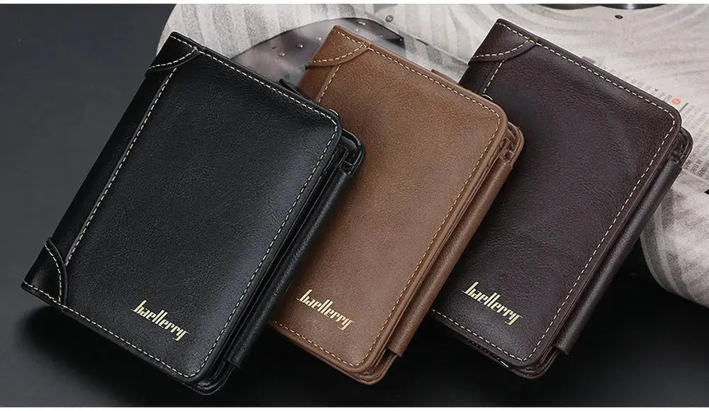 Baellerry men's short PU leather wallet with RFID blocking; three wallets in black, brown, dark brown with gold logos