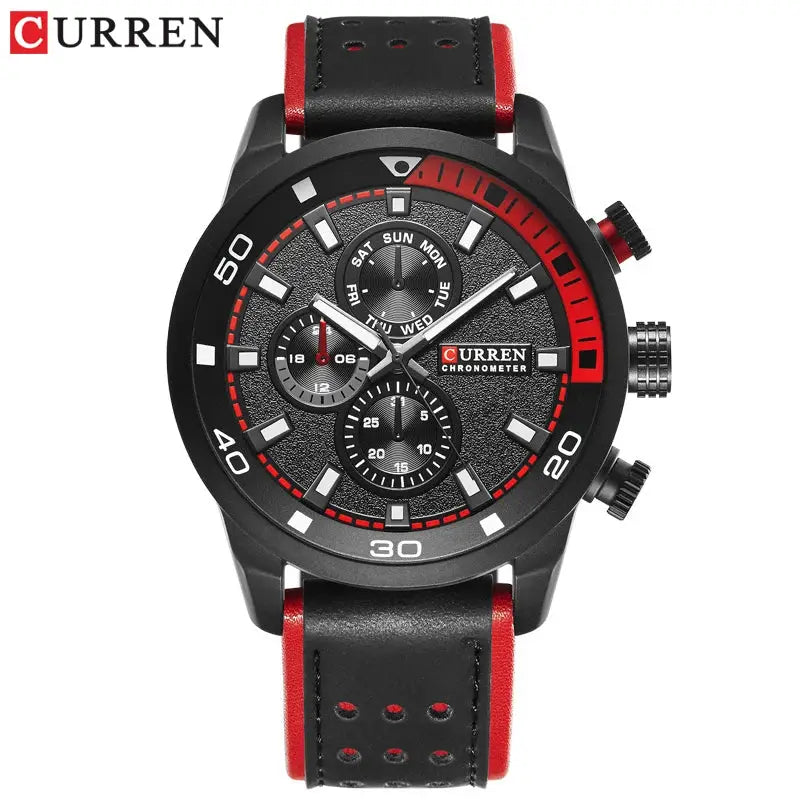 CURREN 8250 men's waterproof watch with black dial, red accents, chronograph subdials, and black leather strap.