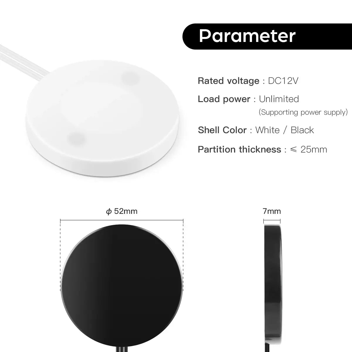 Penetrable Wood Panel Touch Light Switch by Simples Market, 12V dimmable LED sensor, white/black shell, 52mm dia