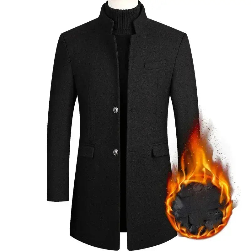 Men's black wool trench coat by Simples Market, business casual Chinese style winter coat