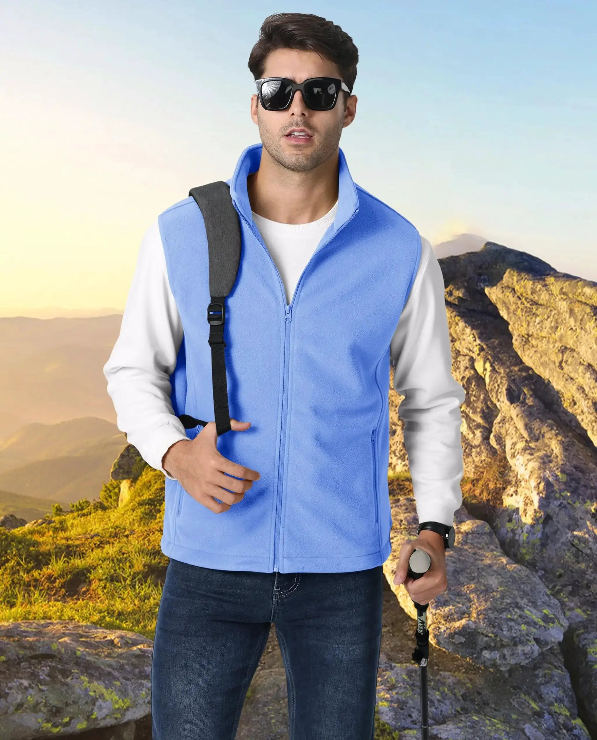 TACVASEN men's blue fleece vest with stand collar for outdoor hiking.