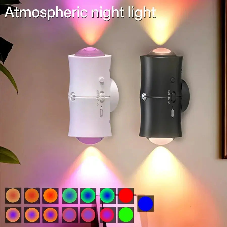 Simples Market Motion Sensor LED Wall Light, RGB tricolor, rechargeable dual-head magnetic spotlight in white or black.