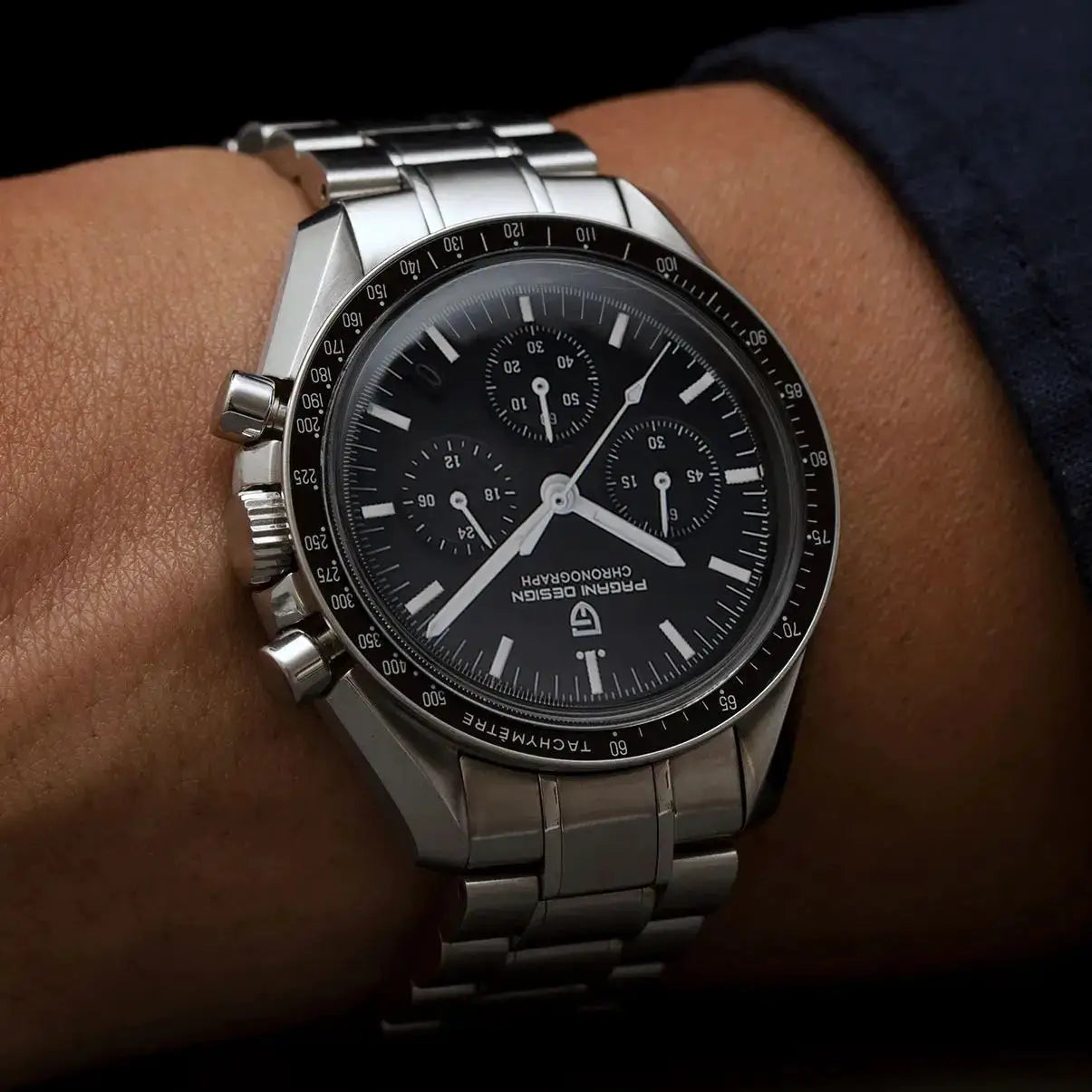 PAGANI DESIGN men's chronograph wristwatch with stainless steel bracelet, black dial, tachymeter bezel