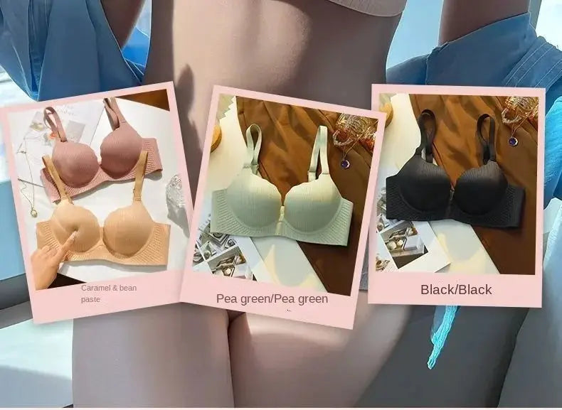 Push-up bra for small chests, 6cm padded, no steel ring; three color variants shown: caramel/beige, pea green, black.