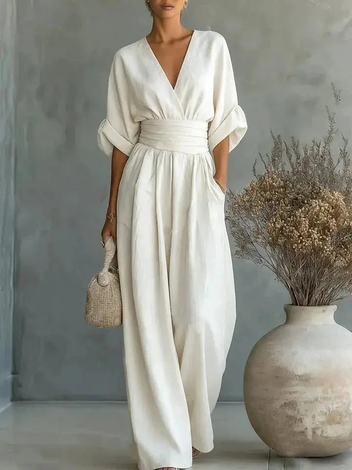 Waist V-neck Jumpsuit by Simples Market in cream solid color with mid-sleeve, wide-leg pants
