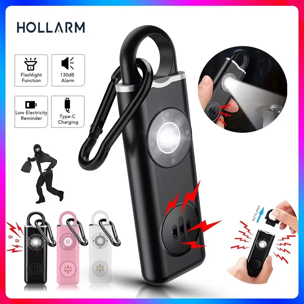 Hollarm self-defense alarm with 130dB siren and LED light on a carabiner keychain; Simples Market offers three variants.