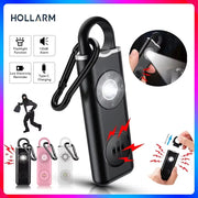 Hollarm self-defense alarm with 130dB siren and LED light on a carabiner keychain; Simples Market offers three variants.