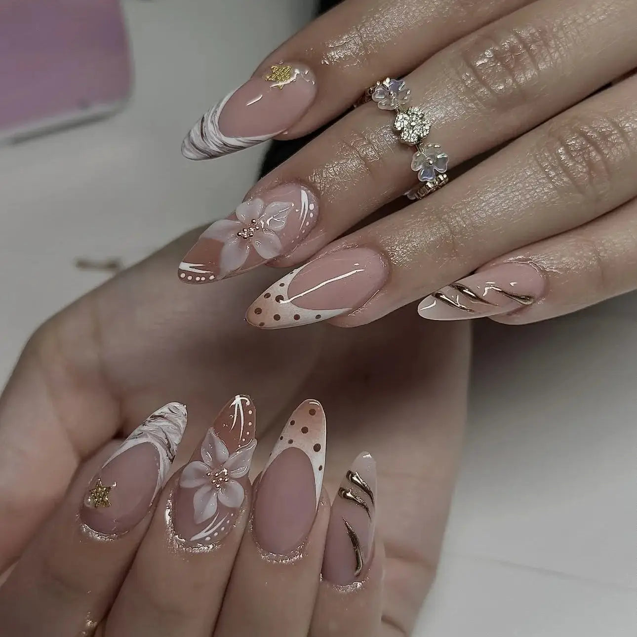 GlamNail Pink Almond Press On Nails Full Coverage Carved Flower 3D Ripple French Tips Golden Pearl Finish