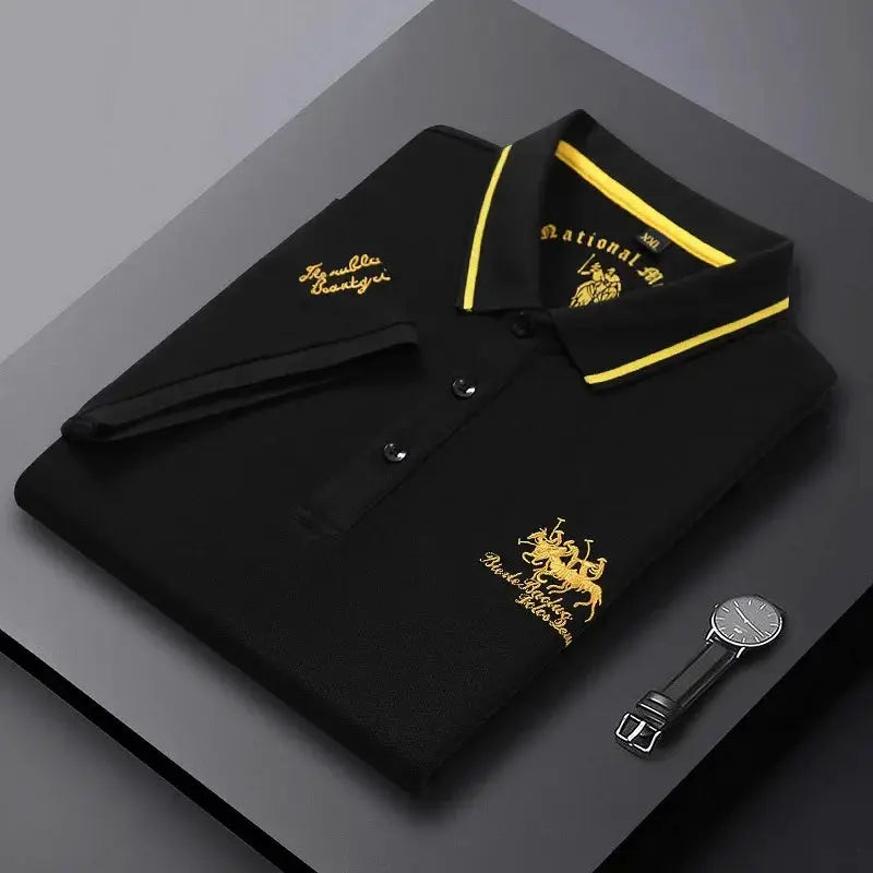 Men's black polo shirt with yellow embroidery and yellow collar piping
